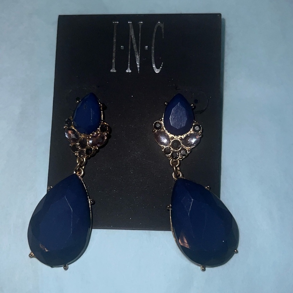 Macys INC blue diamond gold dangle statement earrings